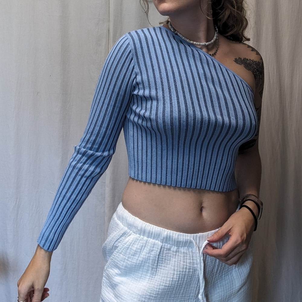 ZARA Blue Asymmetrical Ribbed Long Sleeve One Shoulder Top